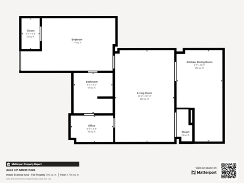 Floor plan for 1 bed, 1 bath, 708 sqft